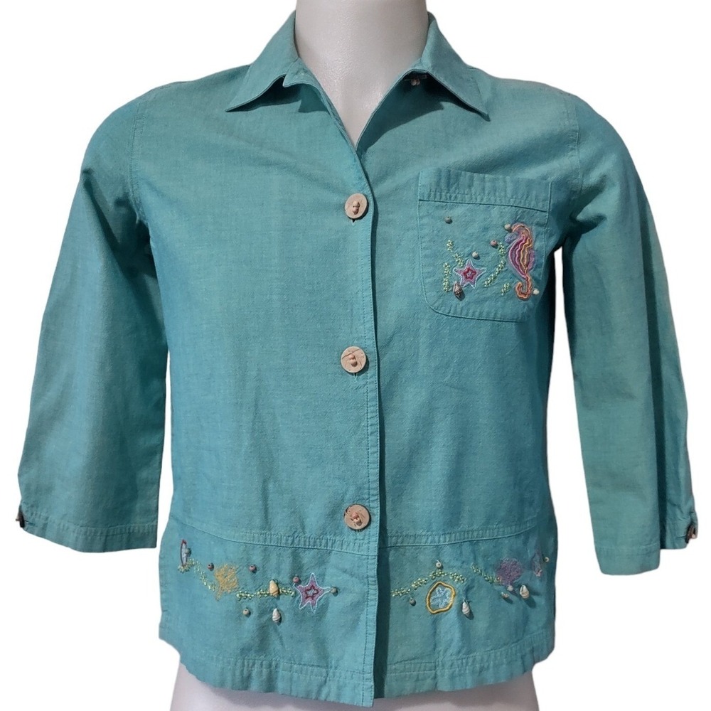 Mureli Blazer Jacket Women's Size Small Embroidered Art Work Button 3/4 Sleeves